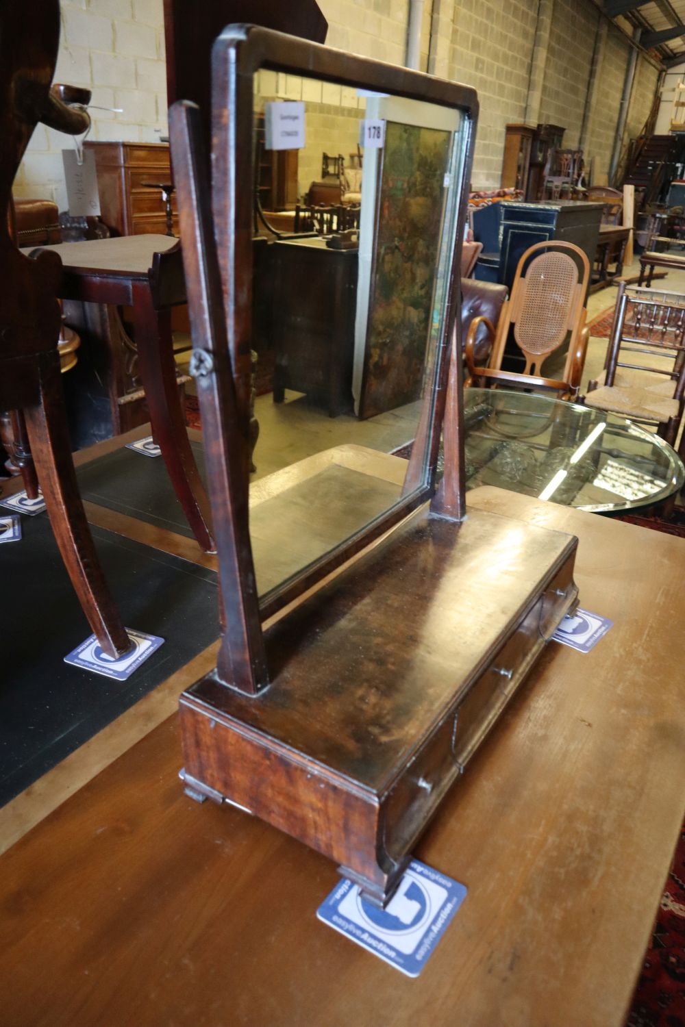 A George II walnut toilet mirror, width 54, depth 21cm, height 63cm